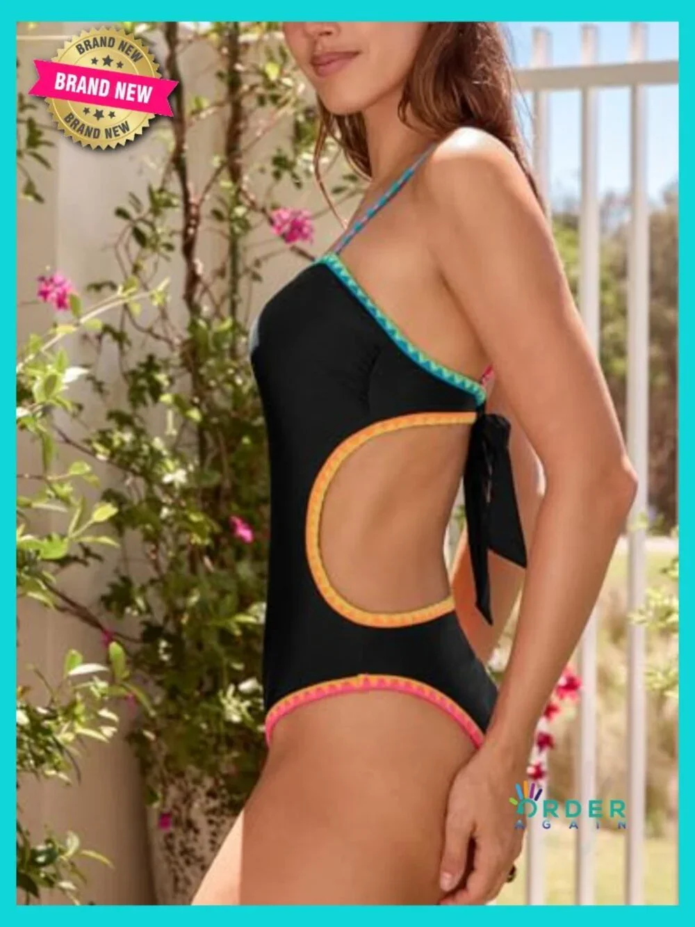 Color Block One Piece Swimsuit Square Neck Cutout Back Self Tie Adjustable